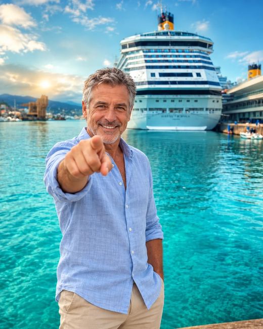 Hombre sonriente señalando hacia ti en un muelle, con un crucero atracado al fondo