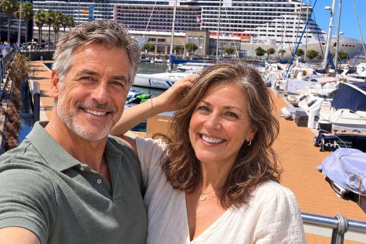 Pareja de unos cincuenta años sonriendo en un selfi en un puerto deportivo, con un crucero atracado al fondo